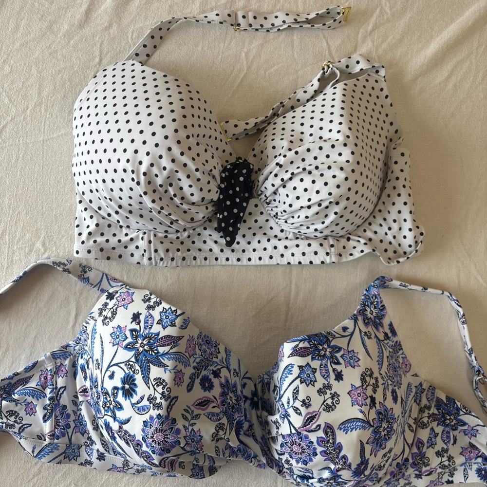 Swimsuits For All White Bikini Top with Purple & Blue Floral Trim 2 pack
